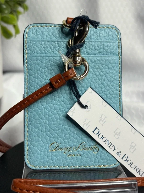 Dooney & Bourke Light Blue Pebbled Leather Card Holder with Brown Strap - Picture 1 of 5
